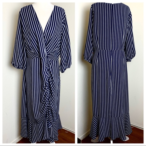 NEW CHELSEA28 Pinstripe Ruched Long Sleeve DRESS - Picture 8 of 8